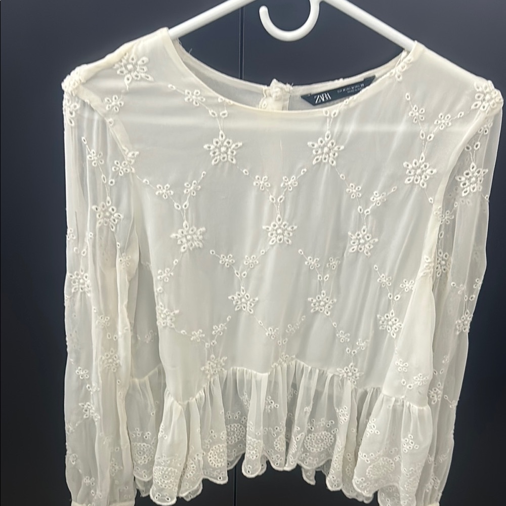 Zara Cream Ruffled Long Sleeve Blouse